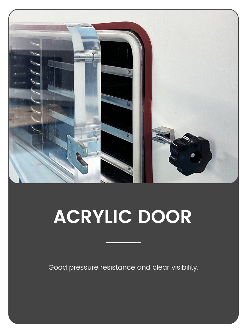 Technical infographic detailing a high-strength transparent acrylic door with clear visibility for a vacuum freeze dryer.